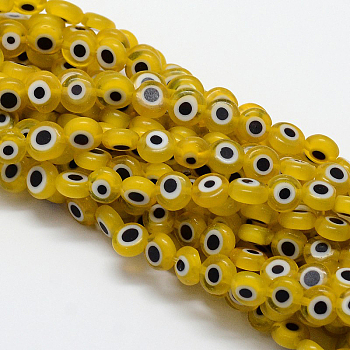 Handmade Evil Eye Lampwork Flat Round Bead Strands, Gold, 8x3.2mm, Hole: 1mm, about 49pcs/strand, 14.56 inch