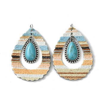 Teardrop Alloy & Synthetic Turquoise & Imitation Leather Big Pendants, with Iron Jump Ring, Sandy Brown, 53x39.5x6.5mm, Hole: 5mm