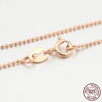 925 Sterling Silver Ball Chain Necklaces, with Spring Ring Clasps, Thin Chain, Rose Gold, 16 inch, Ball: 1mm