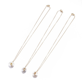 Brass Initial Pendants Necklaces, with 304 Stainless Steel Findings, Cubic Zirconia and Natural Pearl, Nuggets with Letter, Golden, 16.33 inch~16.53 inch(41.5~42cm), 1.2mm
