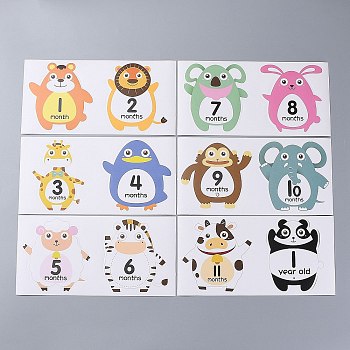1~12 Months Number Themes Baby Milestone Stickers, Animal Pattern, 220x110mm, 2pc/Sheet, 12pcs/Set