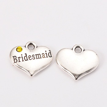 Wedding Theme Antique Silver Tone Tibetan Style Heart with Bridesmaid Rhinestone Charms, Cadmium Free & Lead Free, Citrine, 14x16x3mm, Hole: 2mm