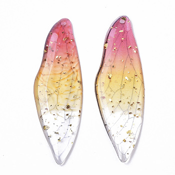 Transparent Epoxy Resin Big Pendants, with Gold Foil, Insects Wing, Deep Pink, 51x16.5x1~2.5mm, Hole: 1.2mm
