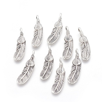 Alloy Pendants, Feather, Antique Silver, 38x9x4mm, Hole: 2mm