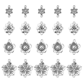 20Pcs 4 Styles Tibetan Style Zinc Alloy Connector Charms, Flower Links, Antique Silver, 14~21x10~26x2~3.5mm, Hole: 1.4~1.8mm, 5pcs/style
