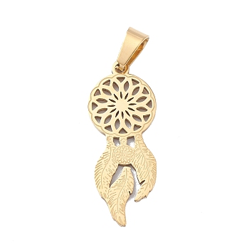 304 Stainless Steel Pendants,  Woven Net/Web with Feather Charm, Golden, 31.5x12.5x1.3mm, Hole: 7.5x4mm