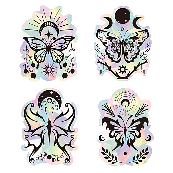4Pcs 4 Patterns PVC Colored Laser Stained Window Film Adhesive Static Stickers, Electrostatic Window Stickers, Butterfly Pattern, 200x150mm, 1pc/pattern