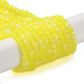 Transparent Glass Beads Strands, Faceted, Frosted, Half AB Color Plated, Rondelle, Yellow, 3.5~3.8x3mm, Hole: 0.4mm, about 113~115pcs/strand, 32.5~33cm