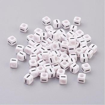 Acrylic Horizontal Hole Letter Beads, Cube, White, Letter I, Size: about 6mm wide, 6mm long, 6mm high, hole: about 3.2mm, about 2600pcs/500g