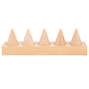 5-Slot Wood Finger Ring Display Stands, with Wood Base, Cone, BurlyWood, Cone: 3.9x2.9cm, Rectangle Base: about 220x50x22mm, about 6pcs/set