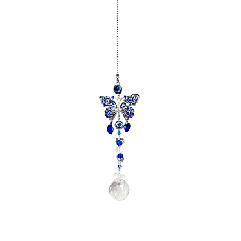 Blue Evil Eye Glass Pendant Decorations, Hanging Suncatchers, with Metal Link, for Garden Decorations, Butterfly, 400mm