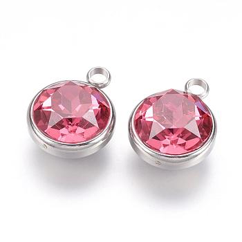 K9 Glass Rhinestone Pendants, October Birthstone Charms, with 304 Stainless Steel Findings, Flat Round, Hot Pink, 18x14x9mm, Hole: 2.5mm