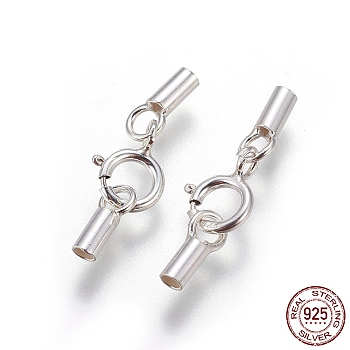 925 Sterling Silver Spring Ring Clasps, with Cord Ends, Silver, 18mm, Inner Size: 1.4mm