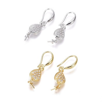Brass Micro Pave Cubic Zirconia Earring Hooks, Ear Wire, For Half-drilled Bead, Clear, Teardrop, Mixed Color, 34mm, 18 Gauge, Pin: 1mm