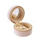 Mini Travel Velvet Storage Box for Women, Round Portable Jewelry Case Organizer for Earrings Rings, with Zipper and Mirror, Pink, 6x4.5cm(PW-WG15453-01)