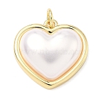 Brass Pendants, Heart Charm, with ABS Plastic Pearl, Long-Lasting Plated, Rack Plating, Lead Free & Cadmium Free, Real 18K Gold Plated, Real 18K Gold Plated, 18x19x7mm(KK-H539-04G)
