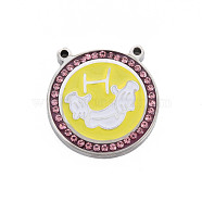 304 Stainless Steel Pendants, with Rhinestone and Enamel, Flat Round with Hand, Light Rose, 20x19.5x3mm, Hole: 1.4mm(STAS-N095-43D)
