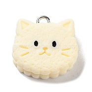 Cookies Theme Imitation Food Resin Pendants, Cat Charms with Platinum Plated Iron Loops, Cornsilk, 18x16x8mm, Hole: 2mm(RESI-B021-02A-01)