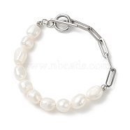Natural Baroque Pearl Beaded Bracelet with 304 Stainless Steel Paperclip Chains for Women, Stainless Steel Color, 7-1/4 inch(18.5cm)(BJEW-JB08970)