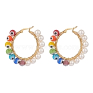 Shell Pearl & Evil Eye Lampwork Beaded Hoop Earrings, Gold Plated 304 Stainless Steel Wire Wrap Jewelry for Women, Colorful, 40x41x6mm, Pin: 0.6mm(EJEW-TA00115)