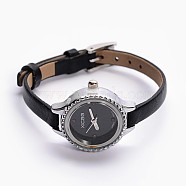 Alloy Cowhide Leather Japanese PC Movement Mechanical Wristwatches, Waterproof, with Stainless Steel Clasps, Black, Platinum, 200x6mm, Watch Head: 28x25x9mm, Watch Face: 19mm(X-WACH-F007-05B)
