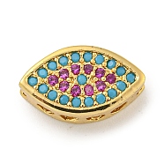 Brass Micro Pave Colorful Cubic Zirconia Beads, Eye, Real 18K Gold Plated, 13x7.5x4mm, Hole: 1.4mm(KK-G493-09G)