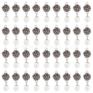 Elite ABS Plastic Imitation Pearl Round Pendants and Tibetan Style Findings, Rose, Antique Silver, White, 30mm, Hole: 2mm, 36pcs/box(FIND-PH0008-82)