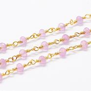 Natural White Jade Beaded Chains, Handmade Chains, with Spool, Unwelded, Dyed, Faceted Rondelle, with Brass Findings, Golden, Pink, 4x3mm, about 16.4 Feet(5m)/roll(CHC-G312-G07)