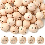 Printed Wood Beads, Large Hole Beads, Round with Smiling Face Pattern, Undyed, Black, 33.5x33mm, Hole: 7mm(WOOD-C001-01B)