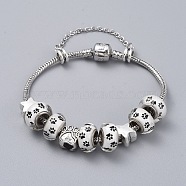 Brass European Bracelets, with 304 Stainless Steel Rolo Chains, Glue Glass and Tibetan Style Alloy European Beads, with Cardboard Packing Box, Paw Print and Star, White, 7-1/2 inch(19cm)(BJEW-JB04796-01)
