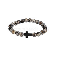 Natural Dragon Veins Agate Round & Black Stone Cross Beaded Stretch Bracelets(AL9928-8)