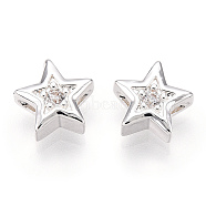 Brass Micro Pave Cubic Zirconia Beads, Star, 925 Sterling Silver Plated, 8x8.5x3mm, Hole: 1mm(FIND-Z035-17S)