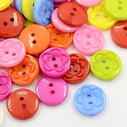 Acrylic Sewing Buttons for Clothes Design, Plastic Buttons, 2-Hole, Dyed, Flat Round with Flower Pattern, Mixed Color, 15x3mm, Hole: 1mm(BUTT-E083-E-M)