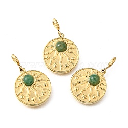 304 Stainless Steel Pave Natural African Jade Sun Pendant Decorations, Ion Plating(IP), Real 18K Gold Plated, 24mm, Sun: 17x15x5mm(STAS-H202-25G)