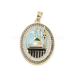 Rack Plating Brass Micro Pave Clear Cubic Zirconia Pendants, with Enamel, Long-Lasting Plated, Lead Free & Cadmium Free, Oval with Castle Charms, Light Cyan, 33x24x3.5mm, Hole: 3x6mm(KK-H474-24B-03G)