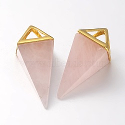 Natural Rose Quartz Point Pendulum Pendants, with Golden Plated Brass Findings, 30~34x15x15mm, Hole: 5x6mm(X-G-E301-06G)