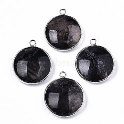 Natural Crackle Agate Pendants, with Platinum Plated Brass Findings, Dyed & Heated, Flat Round, Black, 27~28x23~24x7~9.5mm, Hole: 2mm(G-N326-87A-01)