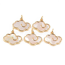Natural White Shell Mother of Pearl Shell Pendants, with Golden Brass Findings and Jump Ring, Cloud, Seashell Color, 15x16.5x2mm, Jump Ring: 5x0.8mm, Hole: 3mm(SHEL-T017-24G)