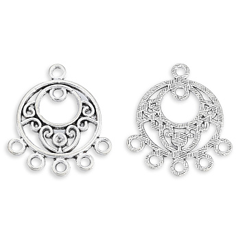Tibetan Style Alloy Chandelier Component Links, Hollow-out, Cadmium Free & Lead Free, Flat Round, Antique Silver, 36x22x1.5mm, Hole: 1.8mm, about 700pcs/1000g