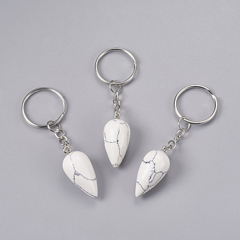 Natural Howlite Keychain, with Iron Key Rings, Platinum, teardrop, 80.5mm, Pendant: 33.5x15.5mm