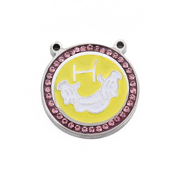 304 Stainless Steel Pendants, with Rhinestone and Enamel, Flat Round with Hand, Light Rose, 20x19.5x3mm, Hole: 1.4mm
