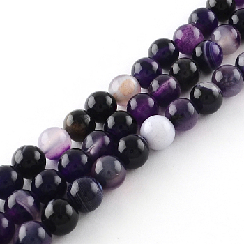 Dyed Natural Striped Agate/Banded Agate Round Bead Strands, Indigo, 4mm, Hole: 1mm, about 95pcs/strand, 15.7 inch