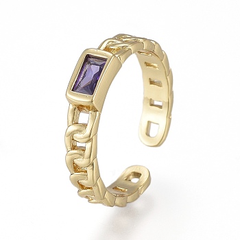 Brass Micro Pave Cubic Zirconia Cuff Rings, Open Rings, Long-Lasting Plated, Rectangle, Curb Chain Shape, Real 18K Gold Plated, Purple, Size 6, Inner Diameter: 17mm