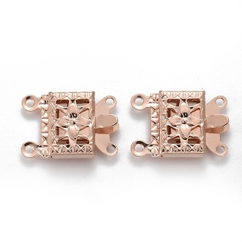 304 Stainless Steel Box Clasps, Multi-Strand Clasps, 2-Strands, 4-Holes, Rectangle with Flower, Rose Gold, 15x10x3mm, Hole: 1mm