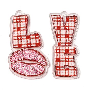 Valentine's Day Double-Sided Printed Acrylic Pendants, Word LOVE, Lip, Pendant 1:52..5x30x2.5mm, Pendant 2: 50.5x22.5x2.5mm, Hole: 2mm.