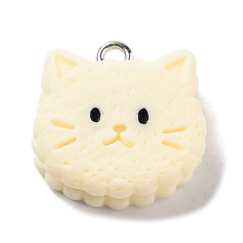 Cookies Theme Imitation Food Resin Pendants, Cat Charms with Platinum Plated Iron Loops, Cornsilk, 18x16x8mm, Hole: 2mm