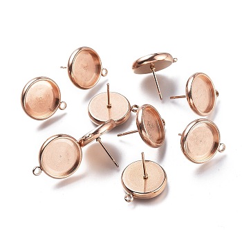 Ion Plating(IP) 304 Stainless Steel Stud Earring Settings, with Loop, Flat Round, Rose Gold, Flat Round: 17x14.5mm, Hole: 1.6mm, Pin: 0.8mm, Tray: 12mm