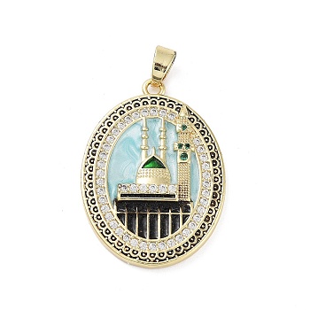 Rack Plating Brass Micro Pave Clear Cubic Zirconia Pendants, with Enamel, Long-Lasting Plated, Lead Free & Cadmium Free, Oval with Castle Charms, Light Cyan, 33x24x3.5mm, Hole: 3x6mm