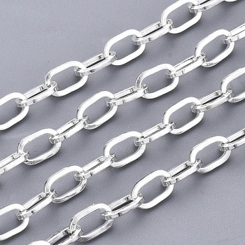304 Stainless Steel Paperclip Chains, Drawn Elongated Cable Chains, with Spool, Unwelded, Flat Oval, Silver, 7x4x1mm, about 65.61 Feet(20m)/roll