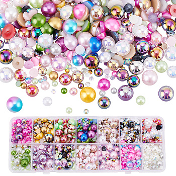 PandaHall Elite 84G 14 Style Half Round Cabochons Set, Including Imitation Pearl Resin & Faceted Glass Rhinestone & Plastic Cabochons, Mixed Color, 3~10x1~5mm, about 6g/style